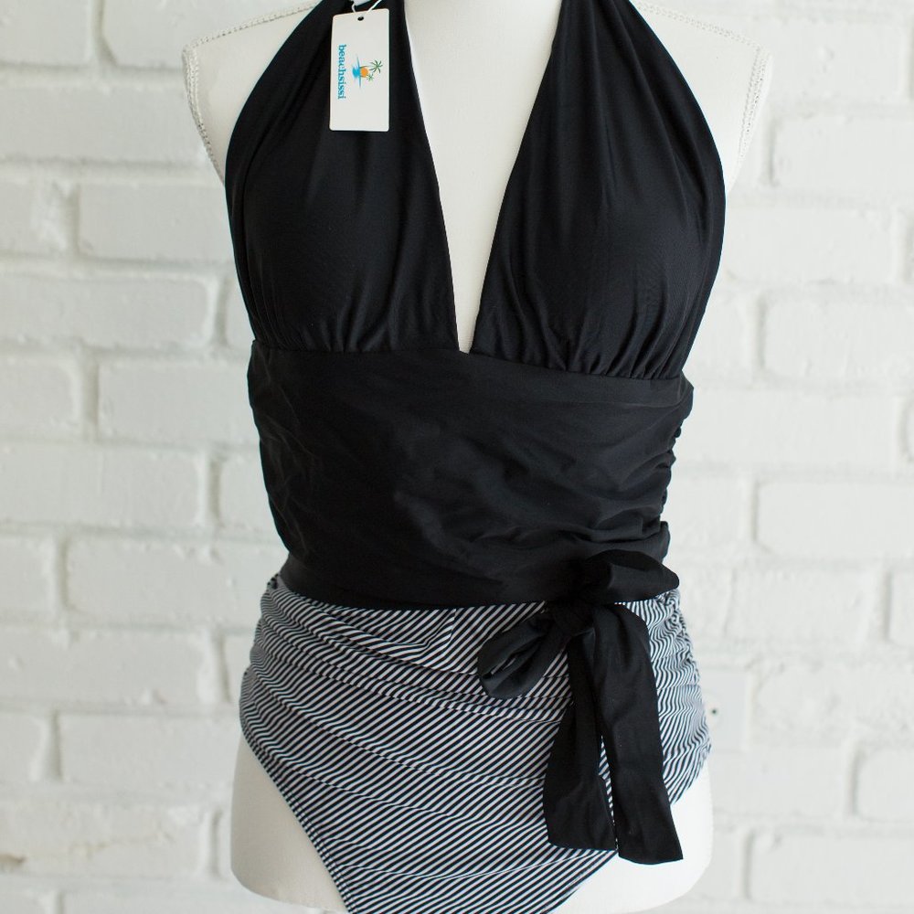 Tankini Swimsuit, with Belt, Stripped and black, XL